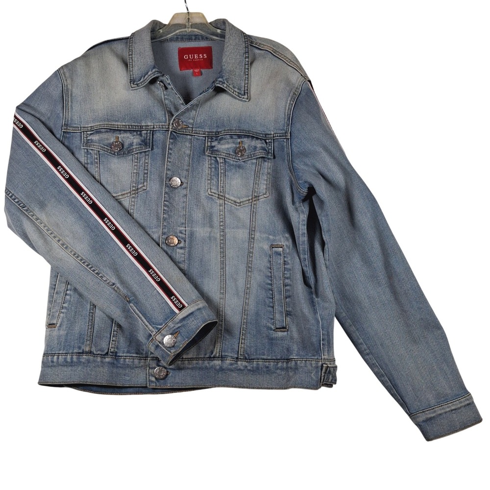 Guess Los Angeles Women Light Wash Logo Tape Denim Trucker Jacket Large Large